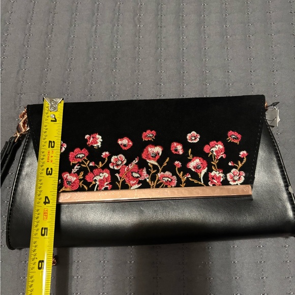 White House Black Market Black Clutch with Red Floral Embroidery - Picture 8 of 10